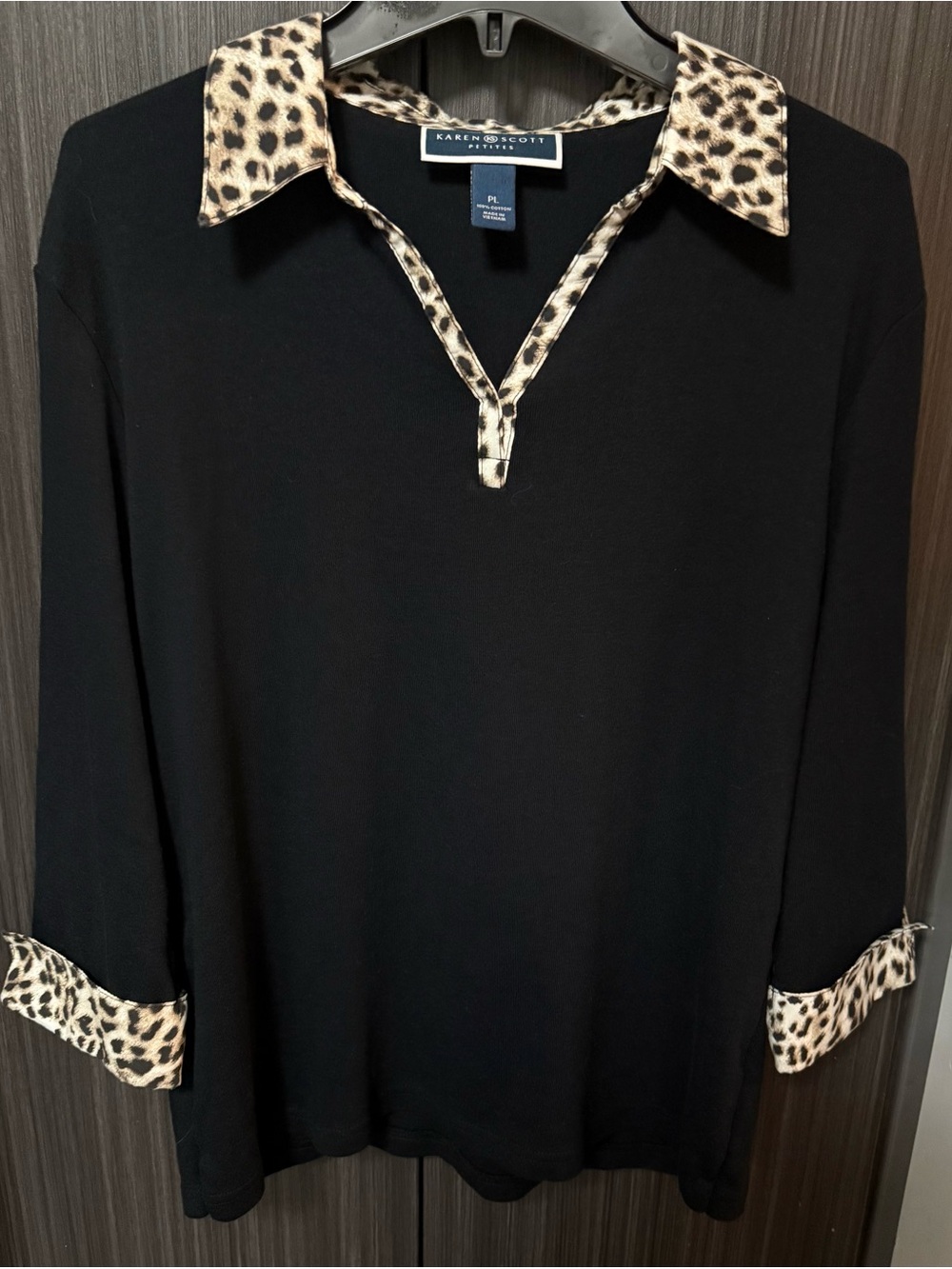 Karen Scott Black Top with Leopard-Print Collar & Cuffs- 100% Cotton